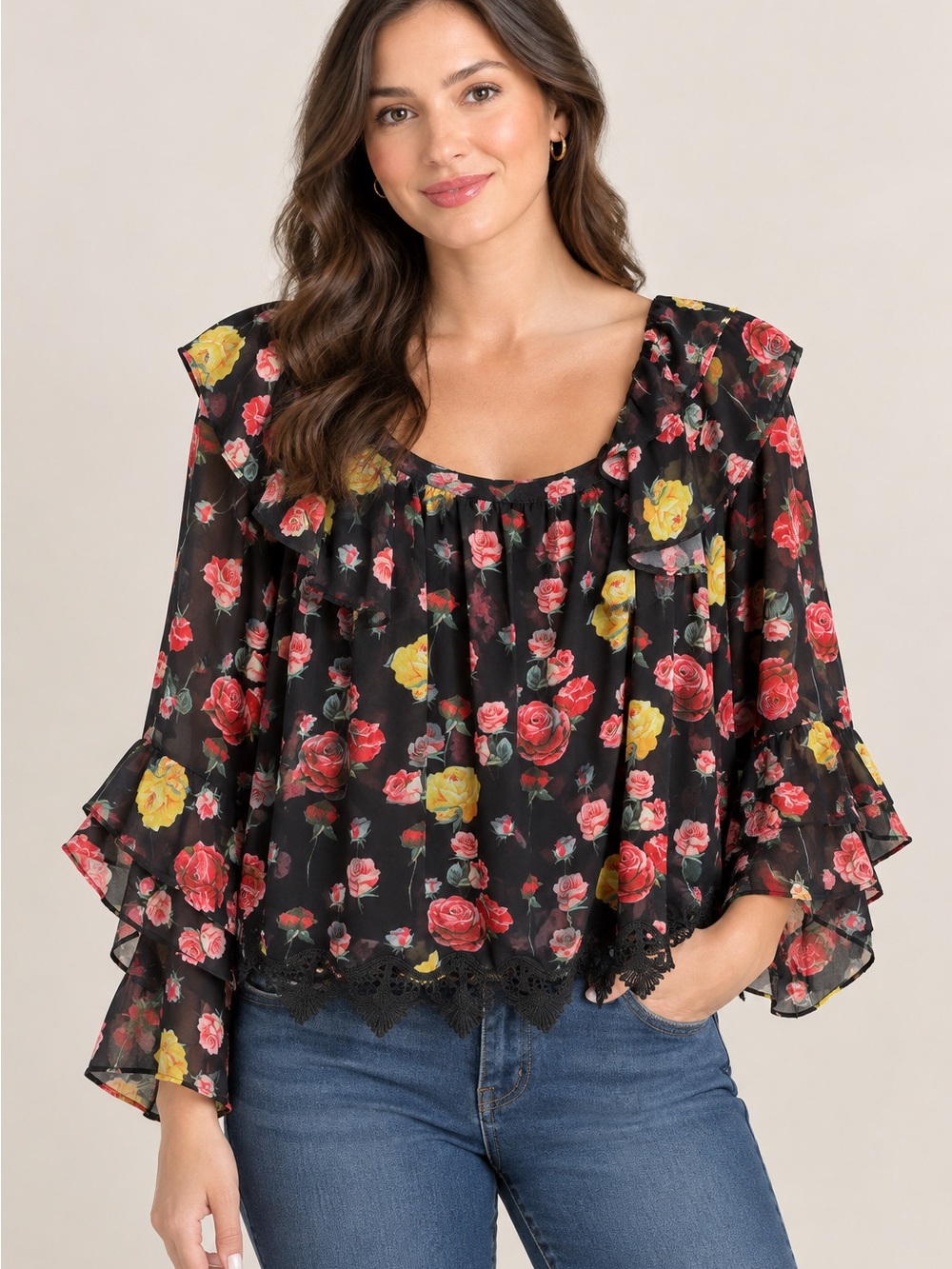 Floral Ruffle Black Peasant Blouse - Women's Top